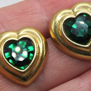 Vintage Gold Tone Heart Earrings Green Glass